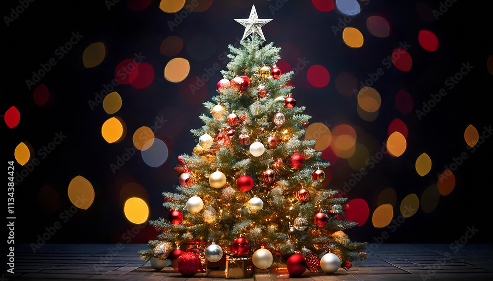 A stunning Christmas tree adorned with silver, gold, and red ornaments, glowing with twinkling lights and crowned with a sparkling star. A stunning Christmas tree adorned with silver, gold, and red ornaments, glowing with twinkling lights and crowned with a sparkling star.
