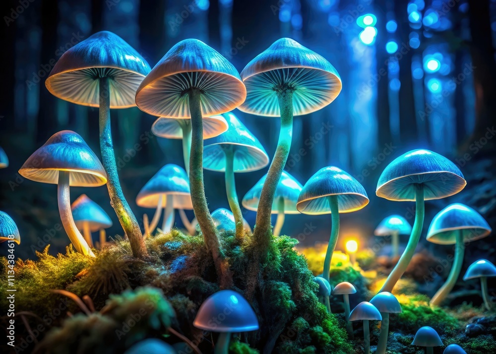 Fototapeta premium Ethereal bioluminescent mushrooms illuminate the dark forest, a psychedelic nocturnal scene.