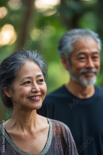 A close up portrait of a smiling couple walking hand in hand. The woman is looking lovingly at the man, while he looks forward with a relaxed expression. Both faces are naturally lit by soft 