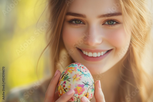 A close-up portrait of a smiling woman holding a beautifully painted Easter egg in her fingers. She looks directly at the camera with a bright, joyful expression.   photo