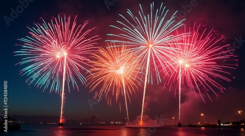 Spectacular Fireworks Over Modern City Skyline at Night Celebrating the Arrival of 2025.