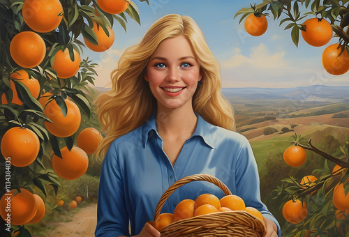 Beautiful young woman with long blonde hair and a blue shirt, holding a basket of oranges in front of orange garden The oranges are scattered throughout the vintage painting.