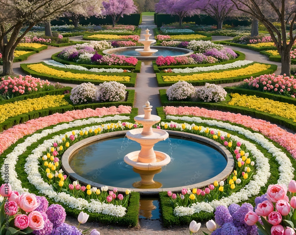 Serene Symmetry: A Formal Garden with Fountains and Vibrant Floral Displays Serene Symmetry: A Formal Garden with Fountains and Vibrant Floral Displays