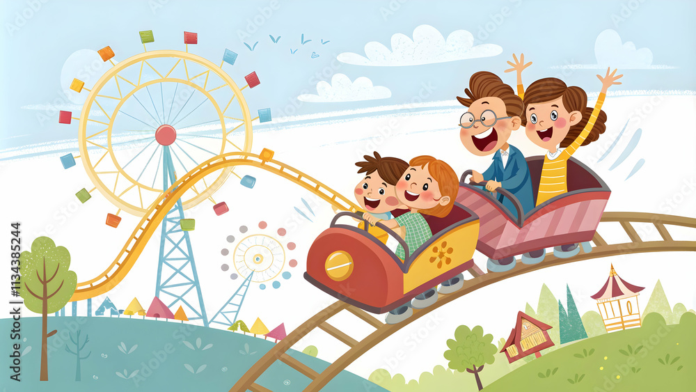 Obraz premium Joyful Family Day Amusement Park Rides Attractions Glossy Background Copy Space