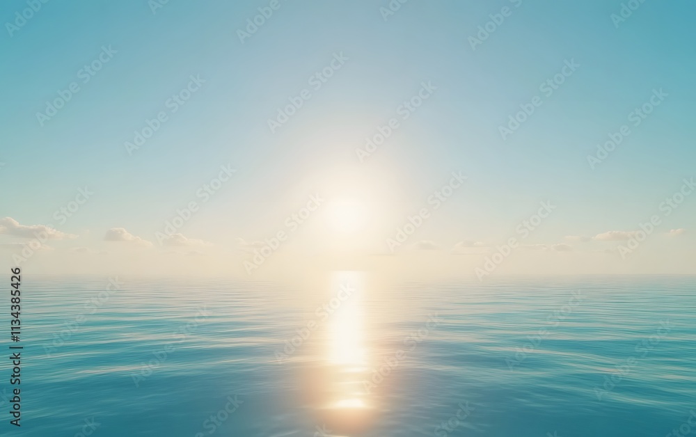 Obraz premium A serene ocean view with a bright sun reflecting on calm waters under a clear blue sky.