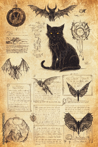 Antique Occult Grimoire with Hand-Drawn Illustrations of Mystical Cats, Wolves, and Gothic Symbols on Aged Parchment Pages