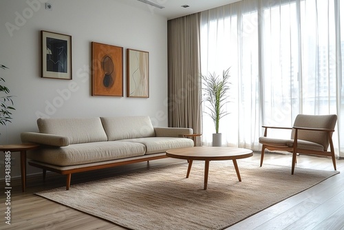 A modern minimalist interior design of a residential living room with walls hanging with art frames and sofas and tables. Generative AI
