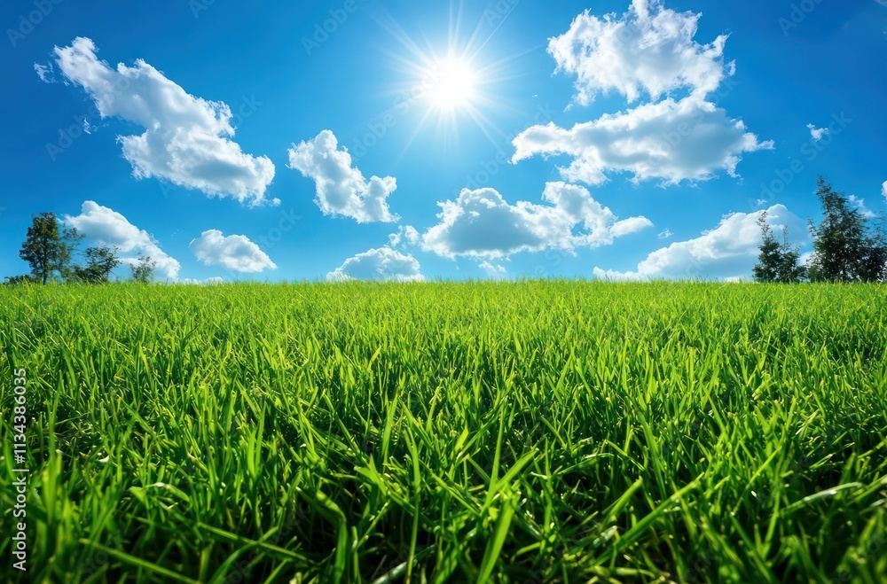 A vibrant green field under a bright sun and blue sky with fluffy clouds. A vibrant green field under a bright sun and blue sky with fluffy clouds.