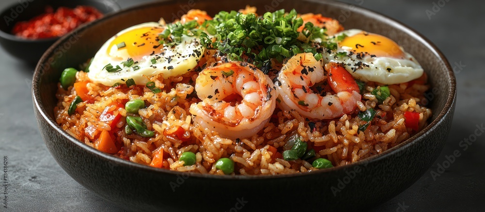 Delicious shrimp fried rice with fried eggs and scallions in a bowl. Delicious shrimp fried rice with fried eggs and scallions in a bowl.