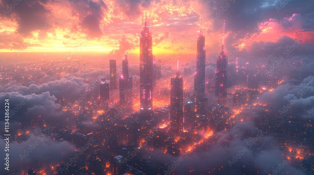 Fototapeta premium Futuristic cityscape at sunset with vibrant colors