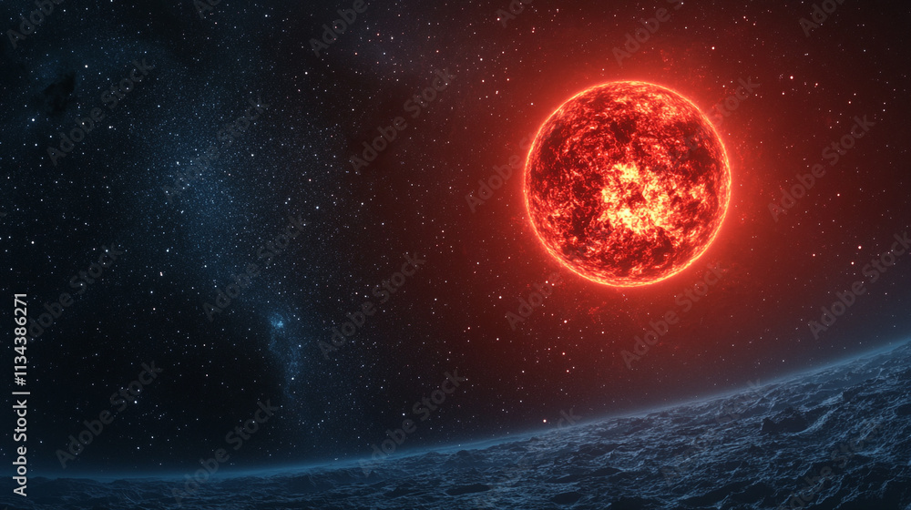 Bright red sun illuminating the starry sky over an alien planet Bright red sun illuminating the starry sky over an alien planet