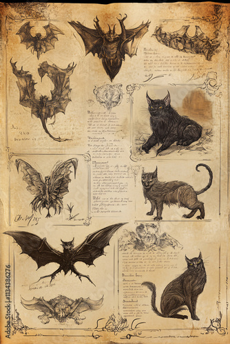 Antique Occult Grimoire with Hand-Drawn Illustrations of Mystical Cats, Wolves, and Gothic Symbols on Aged Parchment Pages