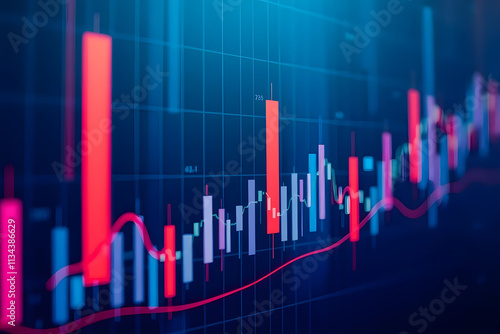 Colorful financial chart with candlestick patterns and line graph on a dark background.