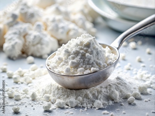 Microscopic magnesium stearate powder, a pharmaceutical lubricant, fills a scoop against a stark white backdrop.