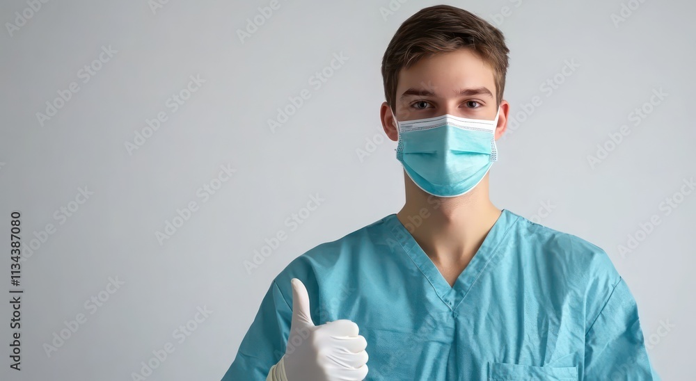 A young medical professional in scrubs and mask giving a thumbs up for encouragement. A young medical professional in scrubs and mask giving a thumbs up for encouragement.
