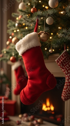 Red Santa Claus Hat and Cozy Christmas Stocking Hanging Under Decorated Tree in Warm Holiday Home Interior.