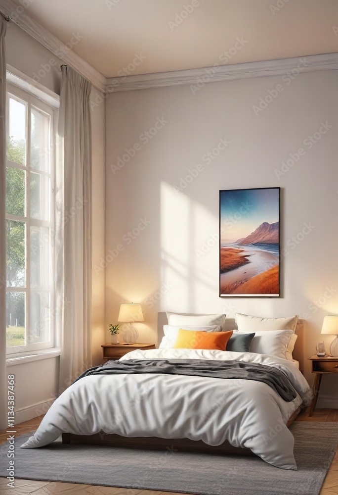 Fototapeta premium Soft and cozy bedroom with double bed under window, peaceful retreat, soft blanket, soft furnishings