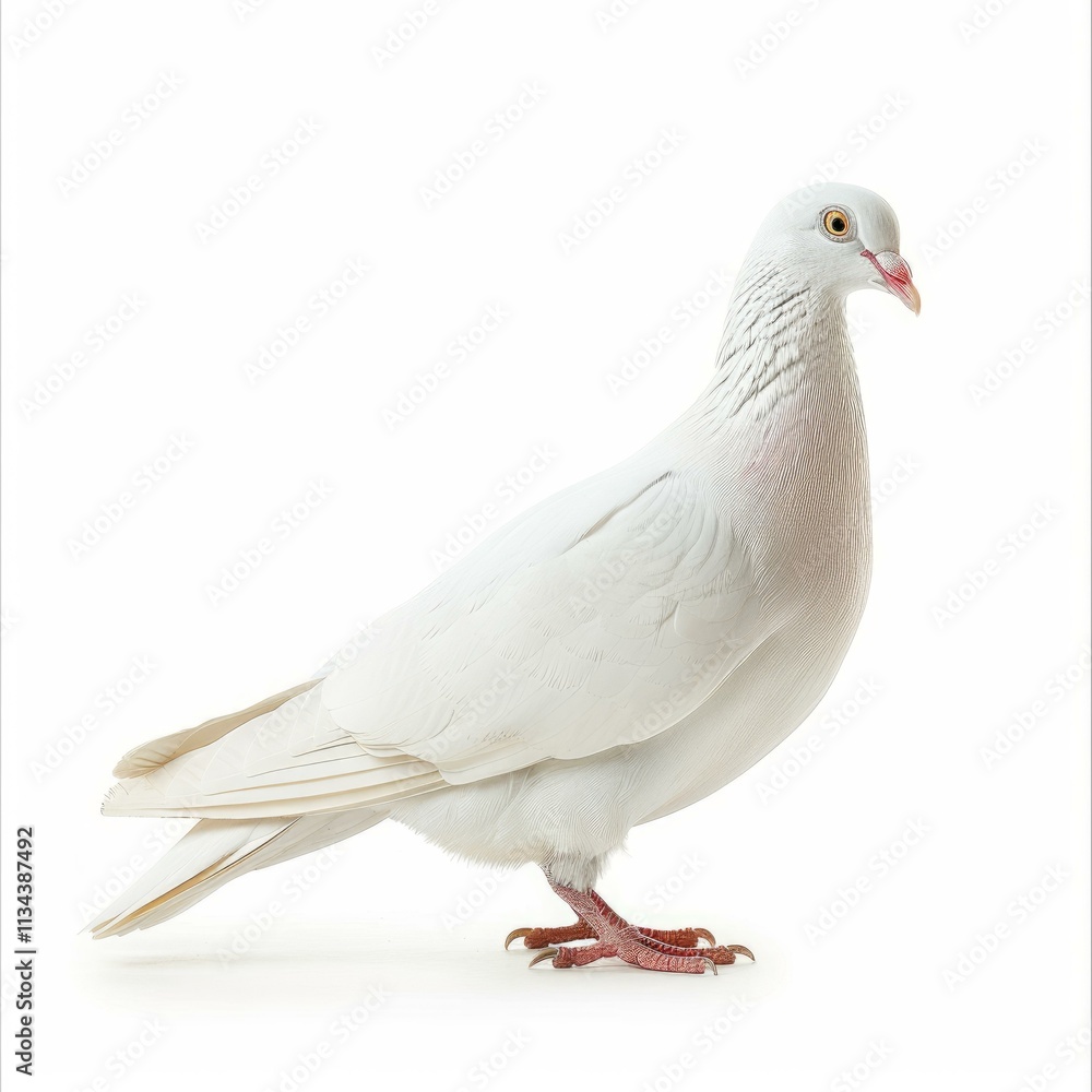 Obraz premium Beautiful white dove standing gracefully on a white background, embodying peace, purity, and spirituality