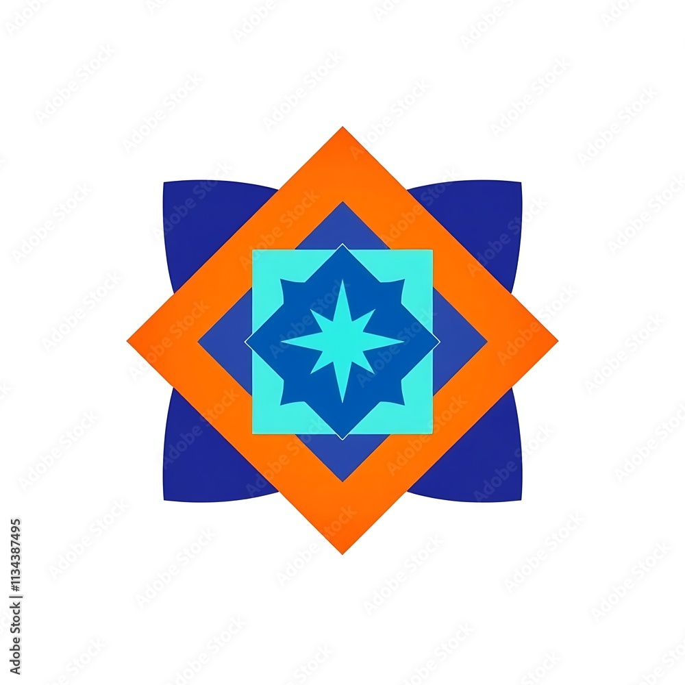 Abstract Geometric Starburst: A vibrant and intricate starburst design featuring overlapping squares in shades of blue, orange, and turquoise. The centerpiece is a bright. Abstract Geometric Starburst: A vibrant and intricate starburst design featuring overlapping squares in shades of blue, orange, and turquoise. The centerpiece is a bright.