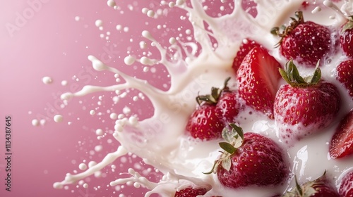 Several ripe strawberries explode amidst a lively milk splash set on a pink background, emphasizing freshness and joy, presented with a vivid artistic flair. photo