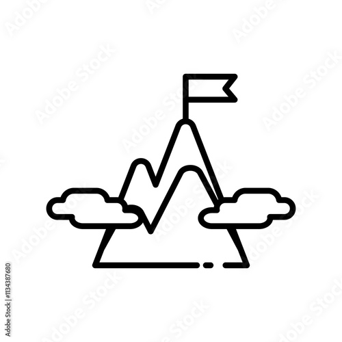icon Flag on mountain top, clouds above, symbolizing success. Suitable for motivational content, achievements, goal setting, success factors, determination. Isolated white background editable, eps 10