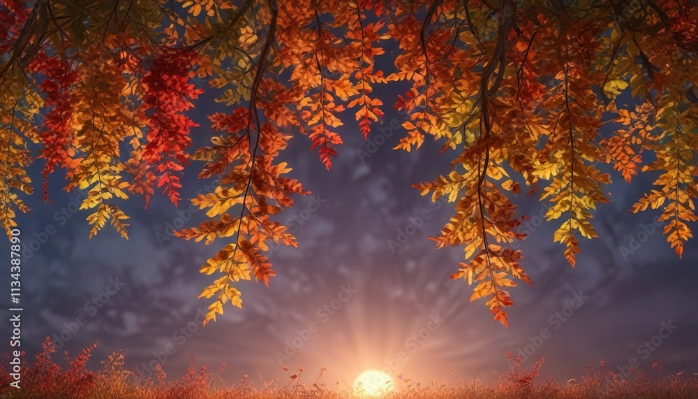 A colorful tapestry of leaves and branches against a fading day, tree shapes, vibrant hues A colorful tapestry of leaves and branches against a fading day, tree shapes, vibrant hues
