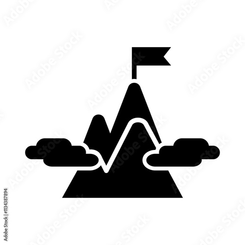 icon Flag on mountain top, clouds above, symbolizing success. Suitable for motivational content, achievements, goal setting, success factors, determination. Isolated white background editable, eps 10
