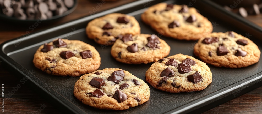 Freshly baked chocolate chip cookies on a baking sheet. Freshly baked chocolate chip cookies on a baking sheet.