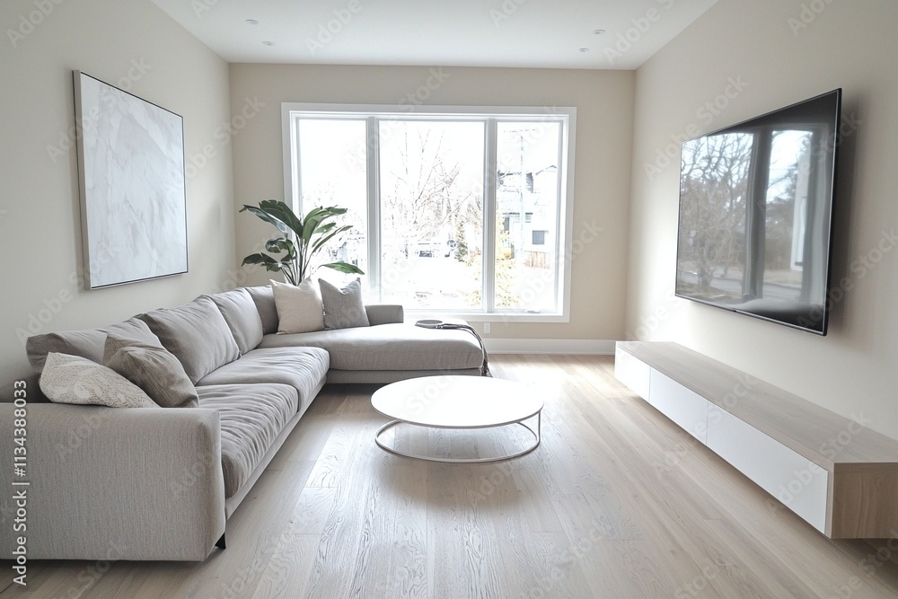 Fototapeta premium A modern minimalist interior design of a residential living room with windows visible and sofas and tables visible. Generative AI 