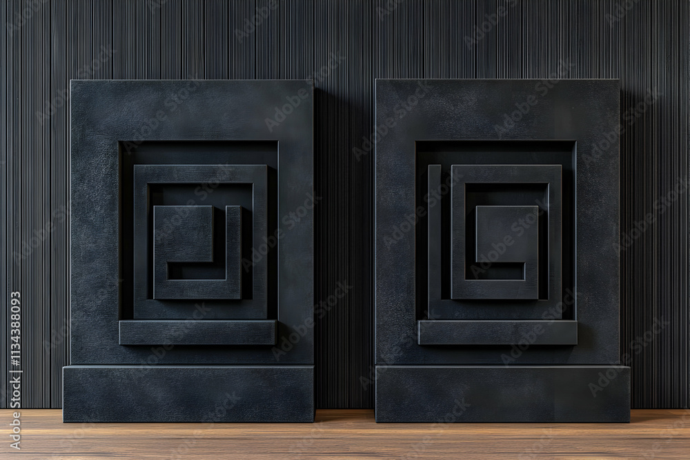 Two dark grey abstract square art pieces on wooden surface against dark wall. Two dark grey abstract square art pieces on wooden surface against dark wall.