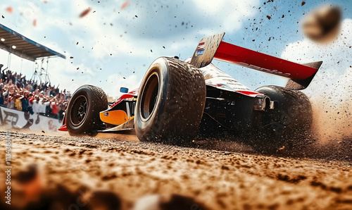 A close-up of a racing car on dirt, surrounded by cheering crowds. photo