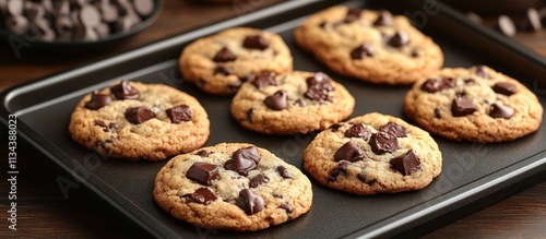 Freshly baked chocolate chip cookies on a baking sheet.