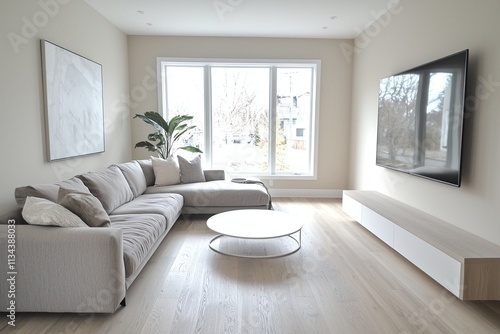 Wallpaper Mural A modern minimalist interior design of a residential living room with windows visible and sofas and tables visible. Generative AI
 Torontodigital.ca