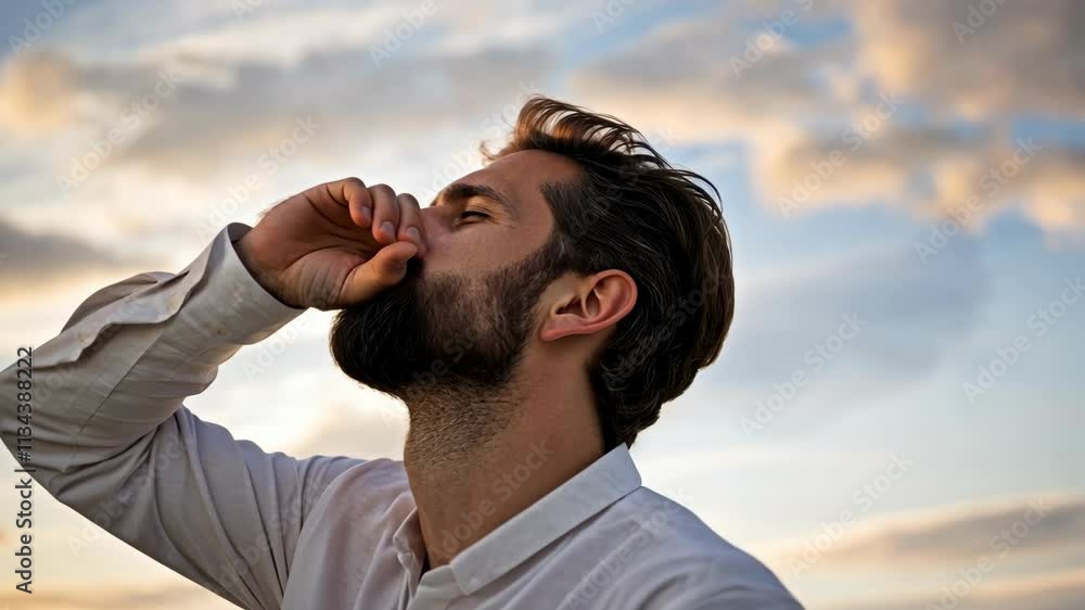 Man in a white shirt enjoying a moment of reflection against a beautiful sky at sunset Man in a white shirt enjoying a moment of reflection against a beautiful sky at sunset