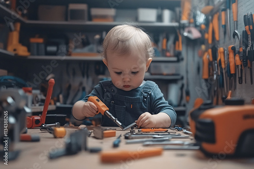 Young Children Playing and Learning with Tools in a Colorful Workshop Setting, Capturing Creativity and Curiosity in Early Childhood photo