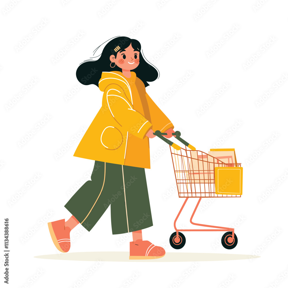 Girl in yellow coat pushing an empty shopping cart. Girl in yellow coat pushing an empty shopping cart.