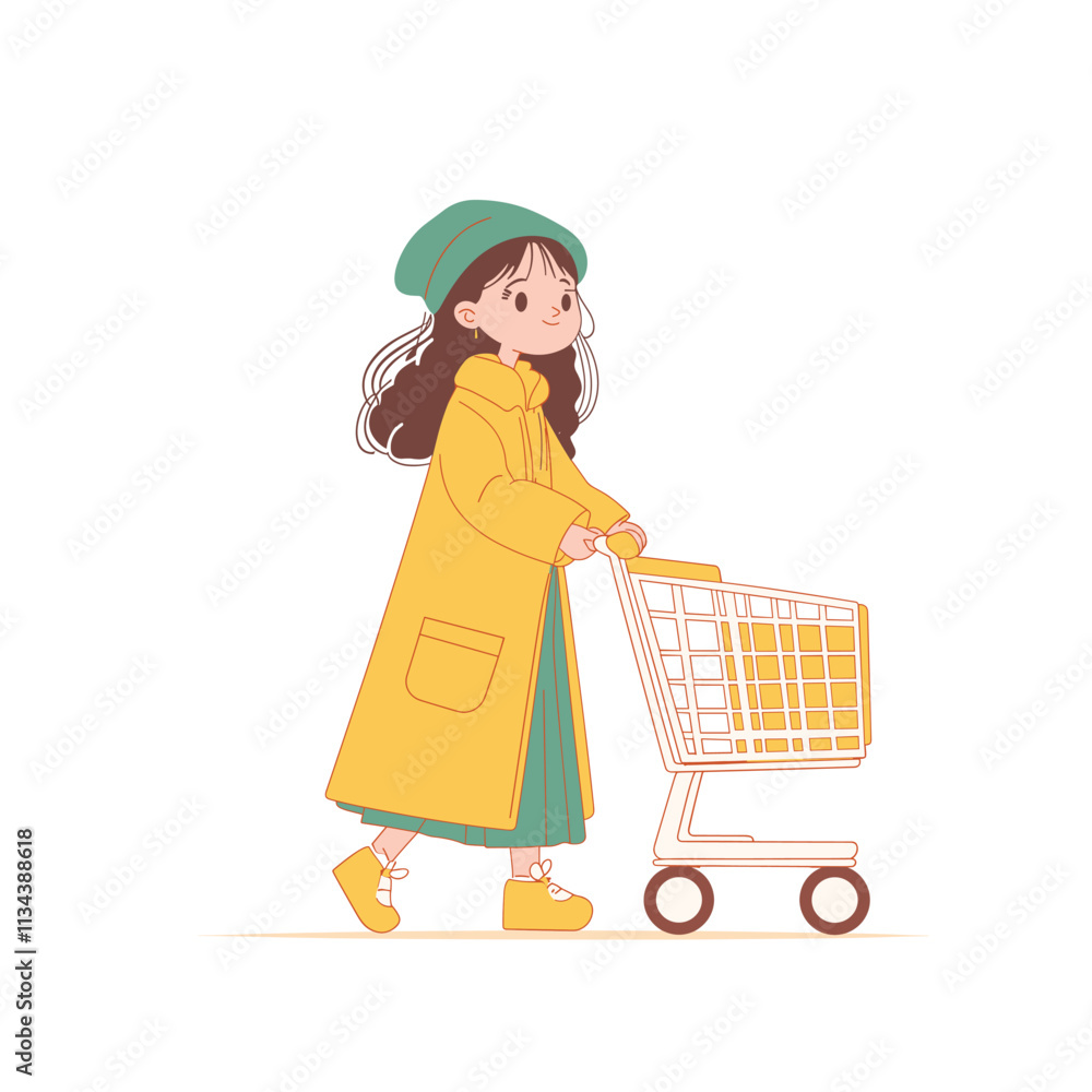 Girl in yellow coat pushing an empty shopping cart. Girl in yellow coat pushing an empty shopping cart.
