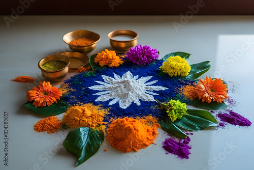 A colorful rangoli design made with powders and flowers for decoration. photo