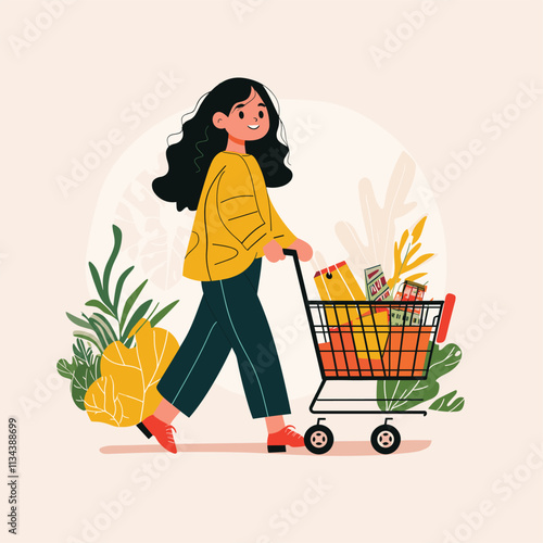 Girl in yellow coat pushing shopping cart.