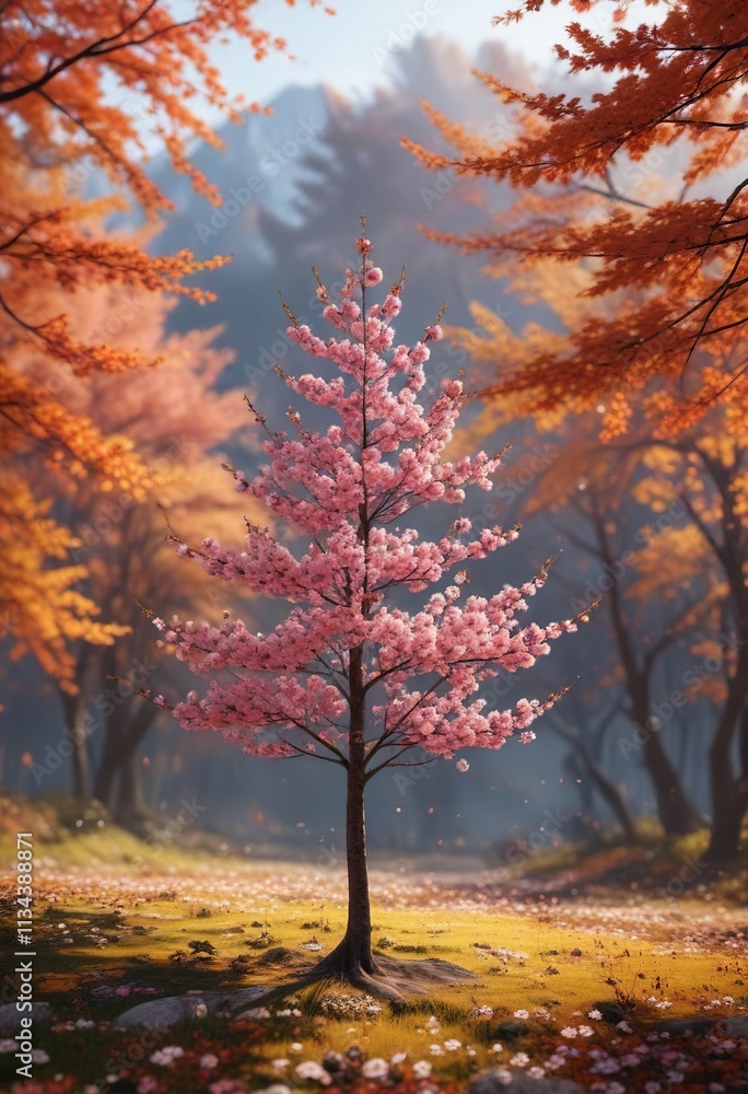 Naklejka premium A single cherry blossom tree blooms against a backdrop of autumnal foliage , autumn, tree