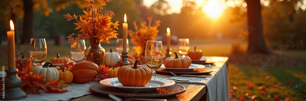 Obraz premium Autumn Dinner Table Decor with Pumpkins and Fall Foliage at Sunset in a Cozy Outdoor Setting