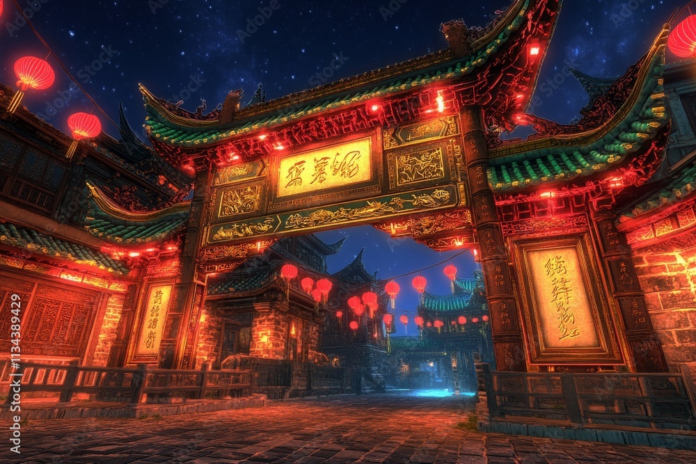 Chinese traditional arch in buddhist temple or chinatown during the night. Chinese traditional arch in buddhist temple or chinatown during the night.
