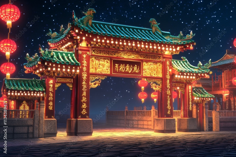 Chinese traditional arch in buddhist temple or chinatown during the night. Chinese traditional arch in buddhist temple or chinatown during the night.