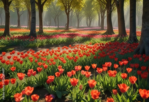 Sunlight filters through a canopy of tulips, casting dappled shadows on the grassy terrain , natural, terrain