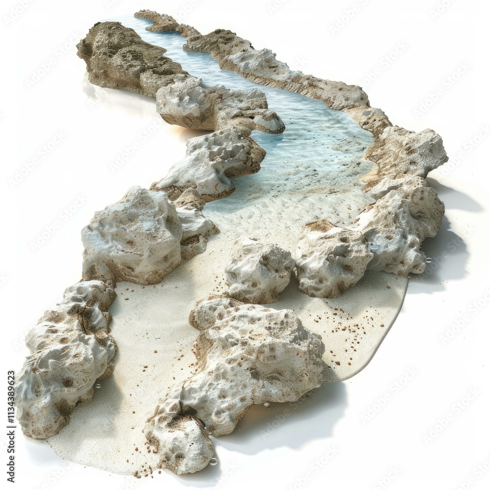 Meandering river flowing between white rocks and sand creating a small beach Meandering river flowing between white rocks and sand creating a small beach