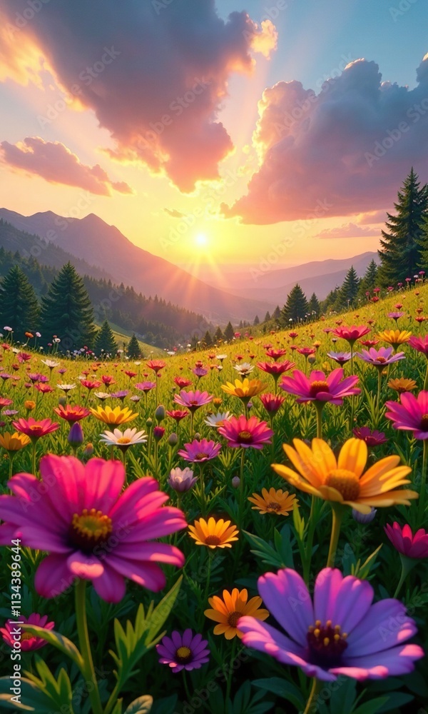 Fototapeta premium Wildflowers in every color of the rainbow stretch towards the sky as the sun rises over the landscape, colors, wildflower, sunlight