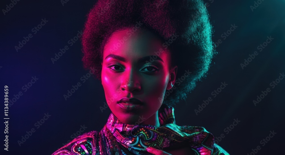Afrocentric fashion portrait of young african female in colorful lighting Afrocentric fashion portrait of young african female in colorful lighting