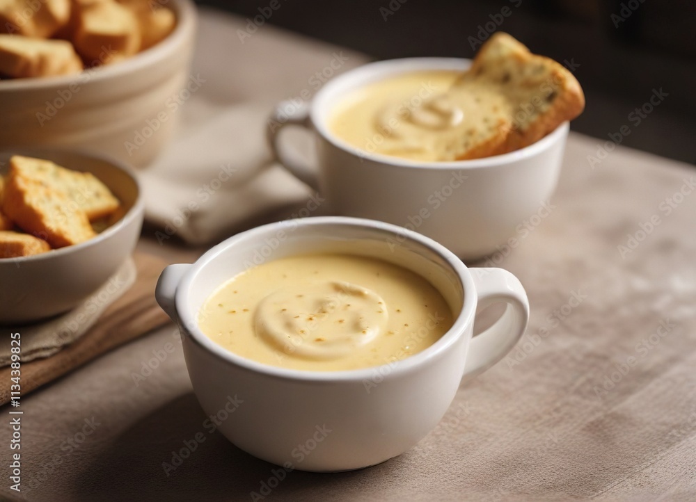 A ceramic dipping cup filled with a creamy cheese sauce , food, ceramic A ceramic dipping cup filled with a creamy cheese sauce , food, ceramic