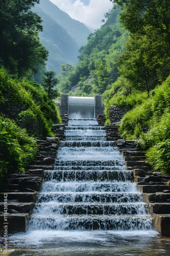 A serene waterfall cascading down stone steps in a lush green landscape. A serene waterfall cascading down stone steps in a lush green landscape.