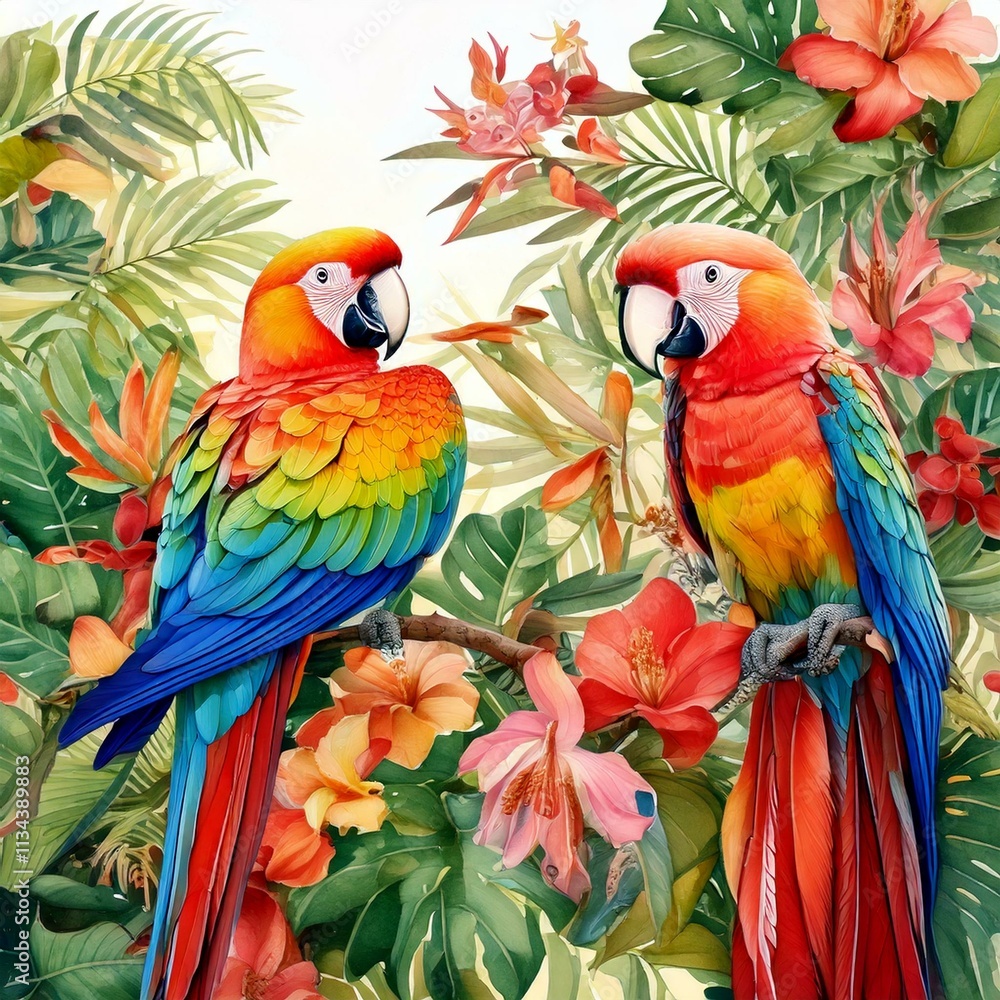 Obraz premium Tropical parrots perched on watercolor vines with bright exotic flowers